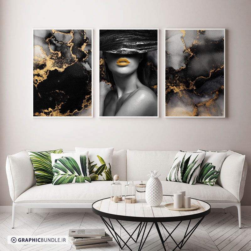 ست سه تابلوی دکوراتیو با طرح آبسترکت سیاه با افکت های طلایی و تابلوی دختر جوان با برگ روی صورت