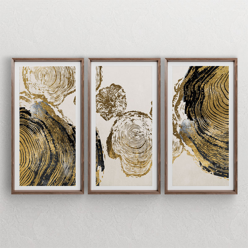 ست سه تابلوی دکوراتیو با طرح های تنه درختی و بافت چوب طلایی