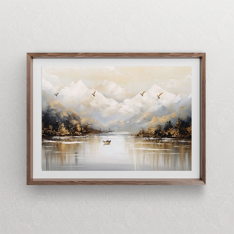 تابلوی دکوراتیو افقی با طرح نقاشی دیجیتال و ایلاستریتور از منظره برکه و دریاچه ، قایق و کوه و درخت