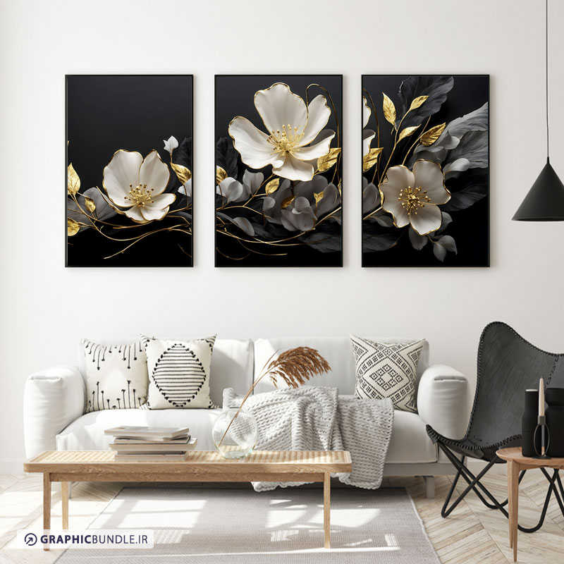 ست سه تابلوی دکوراتیو با تم سیاه و گلهای سفید سه بعدی با لبه های طلایی
