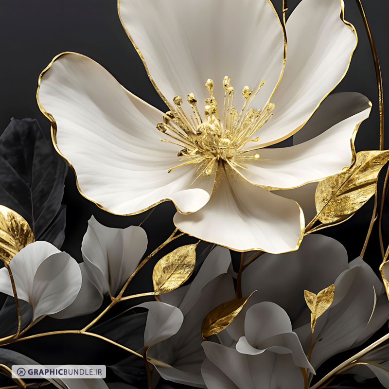 ست سه تابلوی دکوراتیو با تم سیاه و گلهای سفید سه بعدی با لبه های طلایی