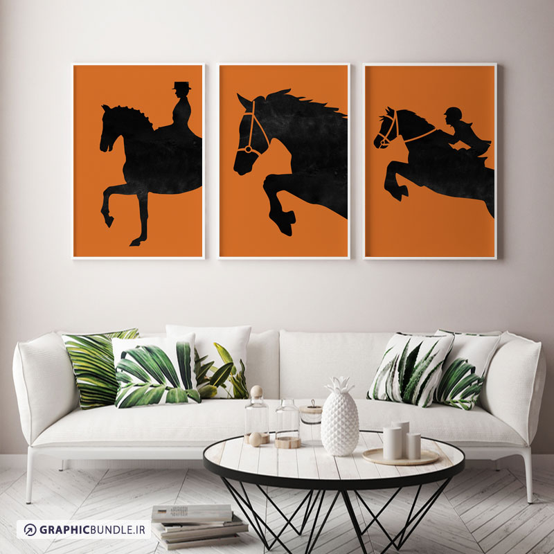 ست سه تابلوی دکوراتیو با تم نارنجی و طرح مینیمال از اسب و سوارکار زن