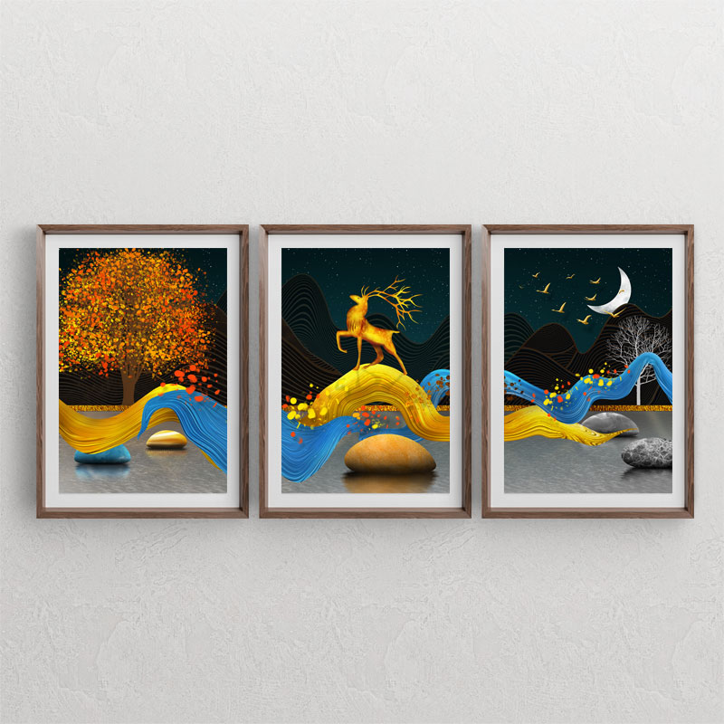 ست سه تابلوی دکوراتیو لوکس تصویرسازی منظره با طرح های گوزن ، درخت ، ماه ، سنگ ، آب و المان مواج