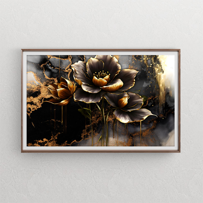 تابلوی دکوراتیو لوکس از گل سیاه با لبه های طلایی و پس زمینه آبسترکت