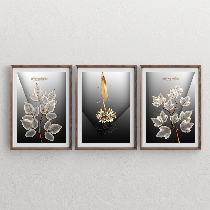 ست سه تابلوی دکوراتیو با طرح ساقه و برگ های سفید و تابلوی گل طلایی با بکگراند سیاه