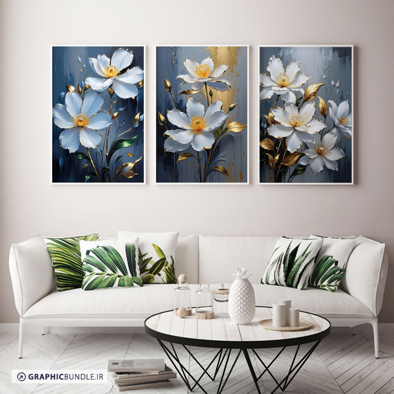 ست سه تابلوی دکوراتیو ایلاستریتور و نقاشی دیجیتال از گلهای زیبای سفید