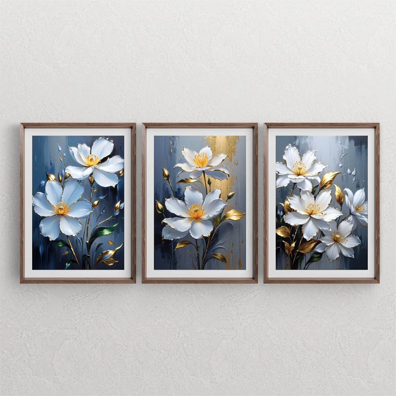 ست سه تابلوی دکوراتیو ایلاستریتور و نقاشی دیجیتال از گلهای زیبای سفید