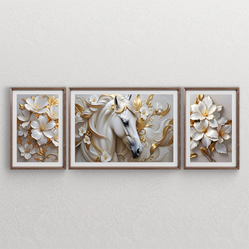 ست سه تابلوی دکوراتیو لوکس نقاشی دیجیتال با طرح اسب طلایی و گل های سفید با شکوفه های طلایی