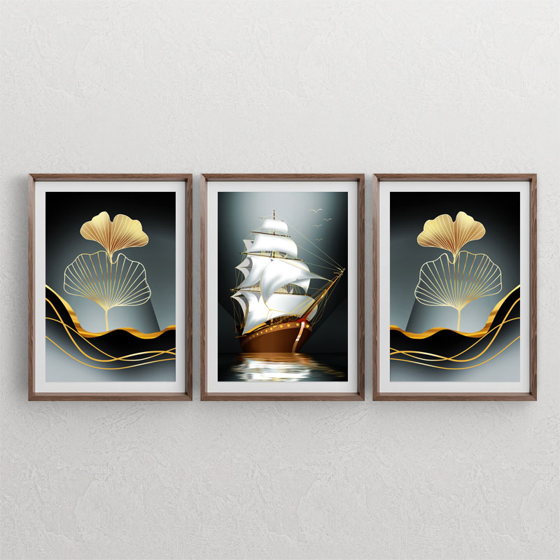 ست سه تابلوی دکوراتیو تصویرسازی با طرح برگ بادبزنی طلایی و کشتی بادبانی