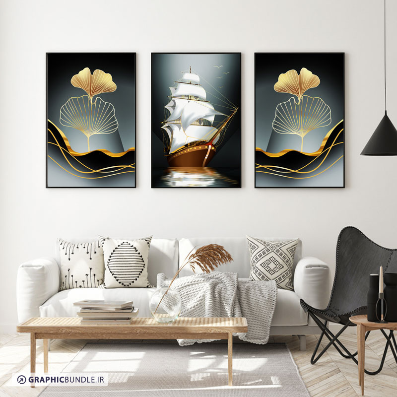 ست سه تابلوی دکوراتیو تصویرسازی با طرح برگ بادبزنی طلایی و کشتی بادبانی