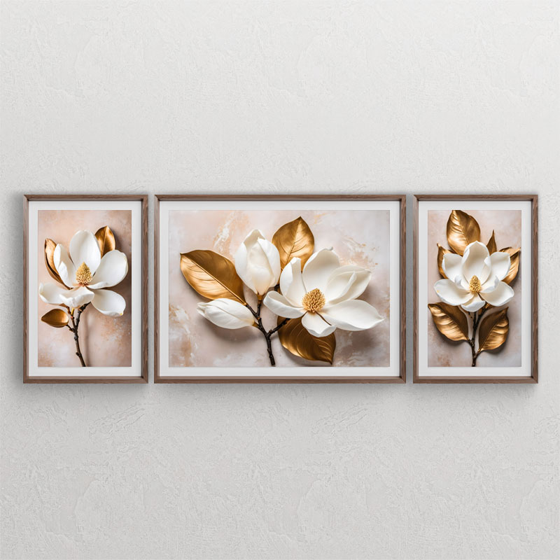 ست سه تابلوی دکوراتیو با طرح گلهای سه بعدی سفید با برگ های طلایی