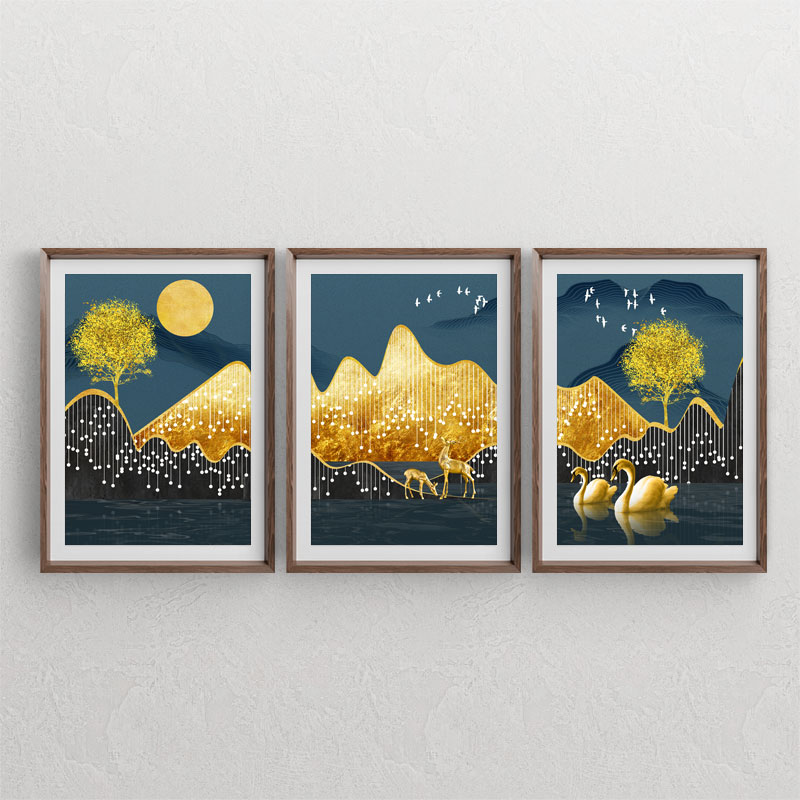 ست سه تابلوی دکوراتیو منظره با طرح کوه های طلایی ، خورشید ، درخت ، قو و گوزن