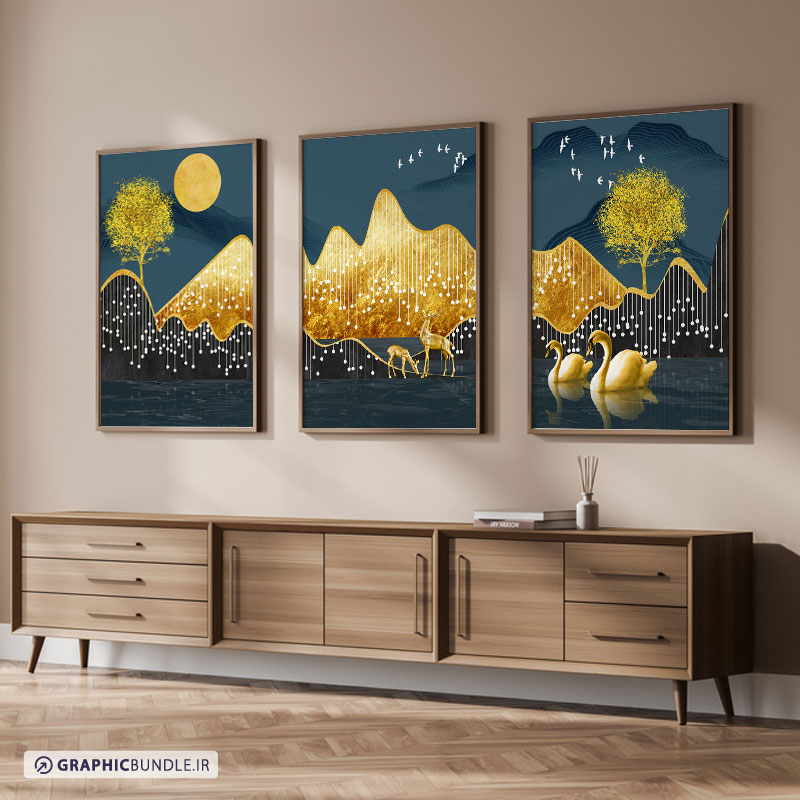 ست سه تابلوی دکوراتیو منظره با طرح کوه های طلایی ، خورشید ، درخت ، قو و گوزن