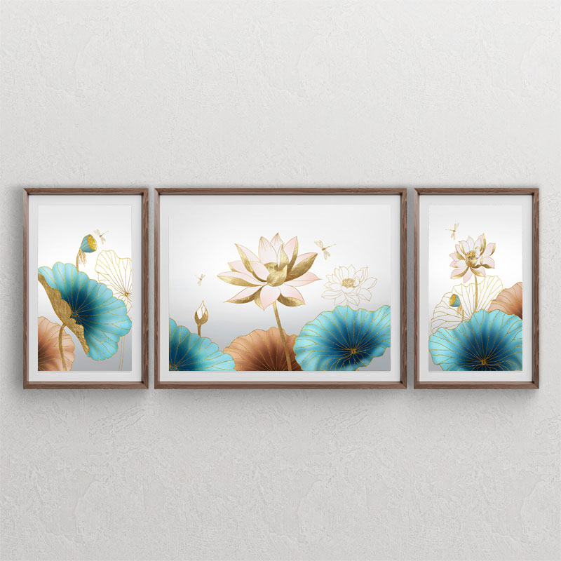 ست سه تابلوی دکوراتیو تصویرسازی از گلهای برکه (نیلوفرآبی) و سنجاقک