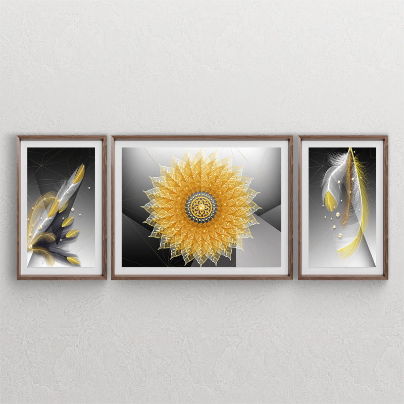 ست سه تابلوی دکوراتیو لوکس با طرح پرهای سیاه با افکت طلایی و تابلوی برگ های طلایی دوار