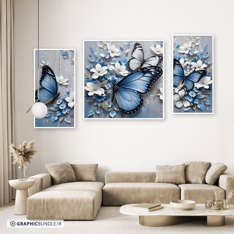 ست سه تابلوی نقاشی دیجیتال با طرح گل و شکوفه های سفید آبی و پروانه های آبی سه بعدی
