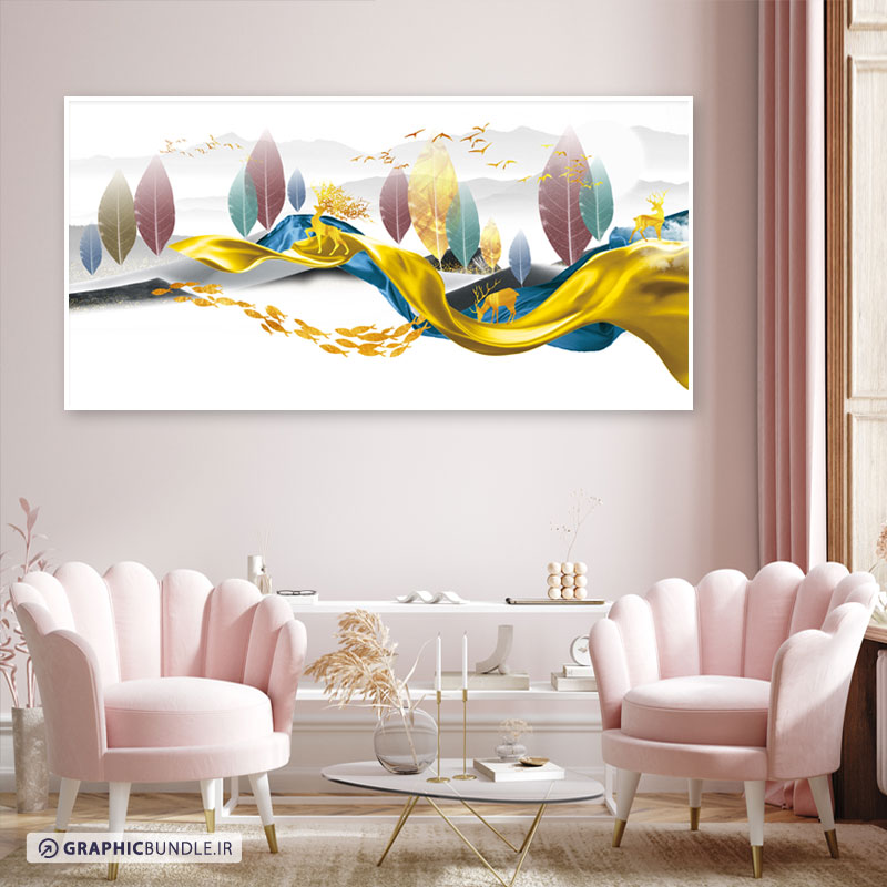 تابلوی دکوراتیو افقی منظره با طرح المان های پارچه ای مواج پارچه ای طلایی ، گوزن ، برگ ، ماهی و پرنده