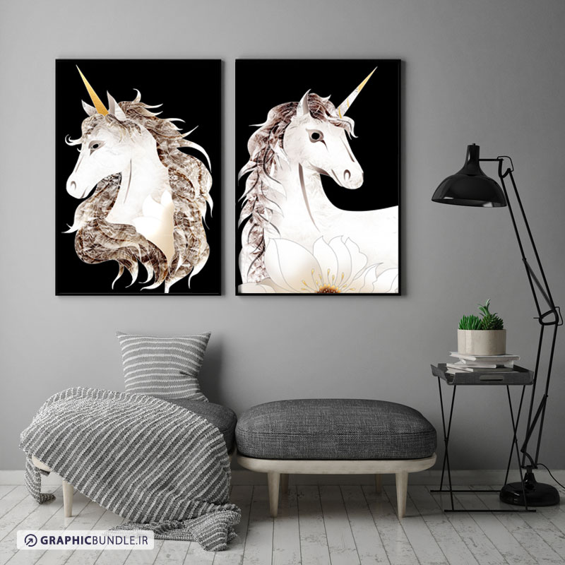 ست دو تابلوی دکوراتیو با طرح تابلوهای لوکس اسب های شاخدار با افکت های شیشه ای