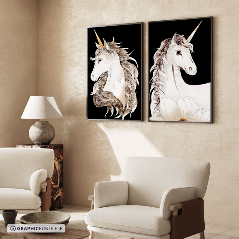 ست دو تابلوی دکوراتیو با طرح تابلوهای لوکس اسب های شاخدار با افکت های شیشه ای