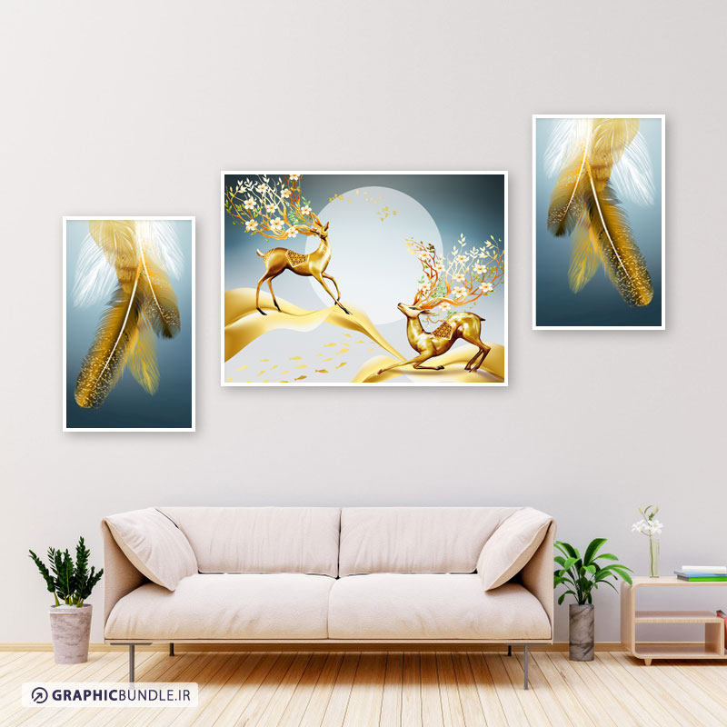 ست سه تابلوی دکوراتیو با طرح پرهای طلایی و گوزن های شاخدا با شاخهای شکوفه دار و ماه