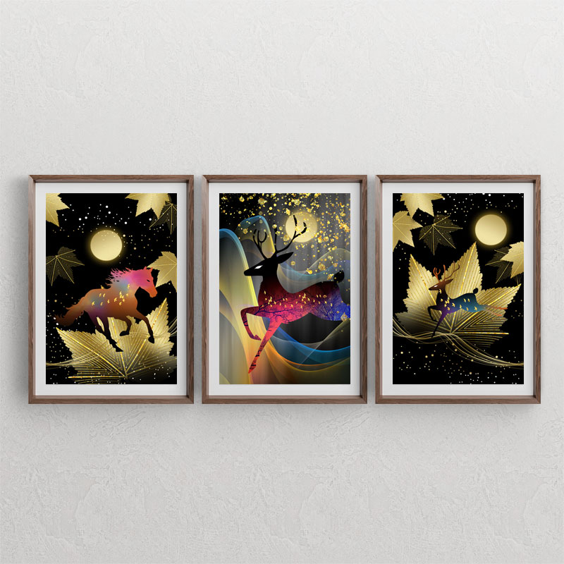 ست سه تابلوی دکوراتیو با طرح های گوزن ، اسب ، خورشید و برگ های طلایی