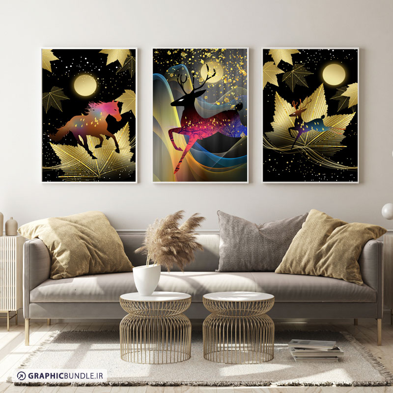 ست سه تابلوی دکوراتیو با طرح های گوزن ، اسب ، خورشید و برگ های طلایی