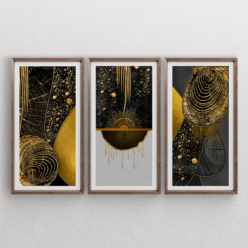 ست سه تابلوی دکوراتیو با طرح های تنه چوب و بافت چوب آبسترکت با تم سیاه طلایی