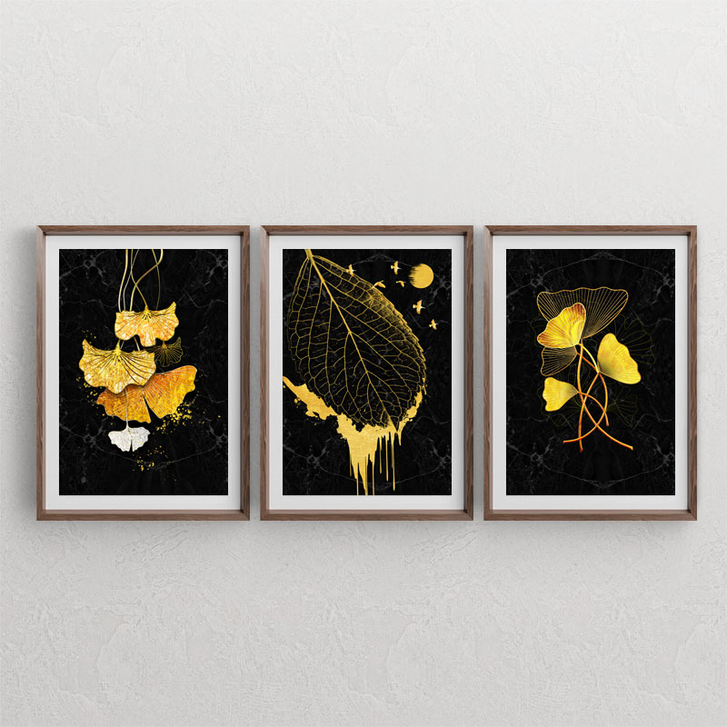 ست سه تابلوی دکوراتیو با طرح های لوکس برگ های بادبزنی طلایی با افکت های طلایی و بکگراند سیاه