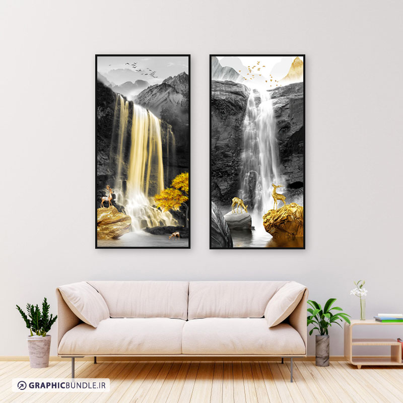 ست دو تابلوی دکوراتیو با طرح منظره کوه ، صخره ، آبشار ، گوزن طلایی ، سنگ و درخت