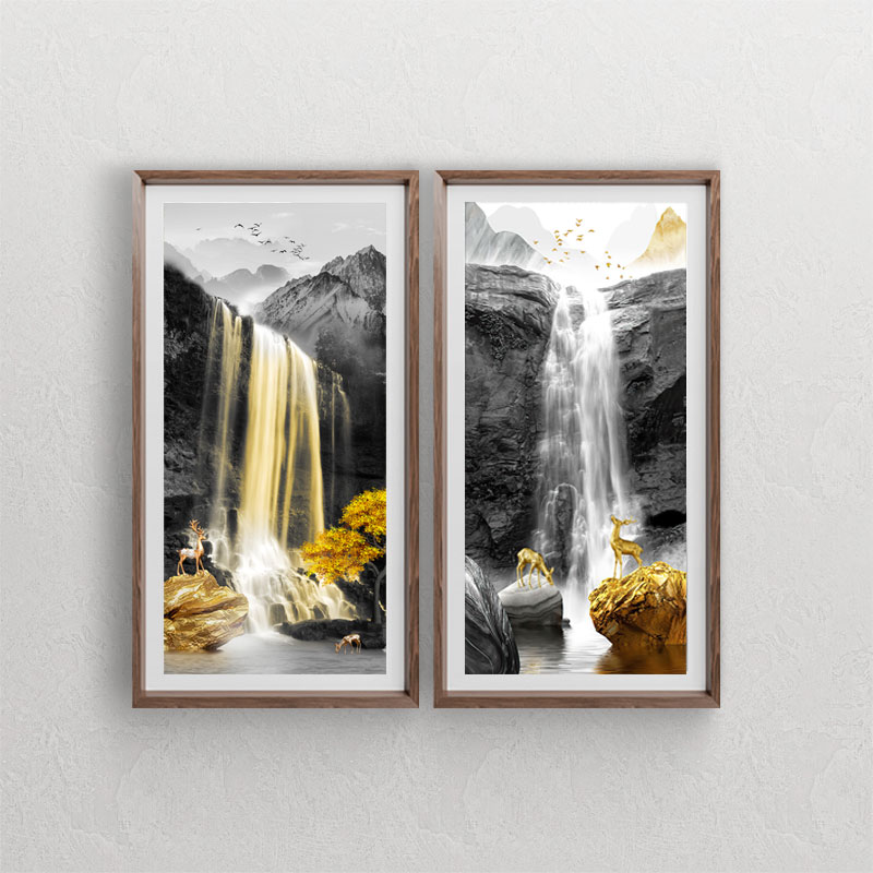 ست دو تابلوی دکوراتیو با طرح منظره کوه ، صخره ، آبشار ، گوزن طلایی ، سنگ و درخت