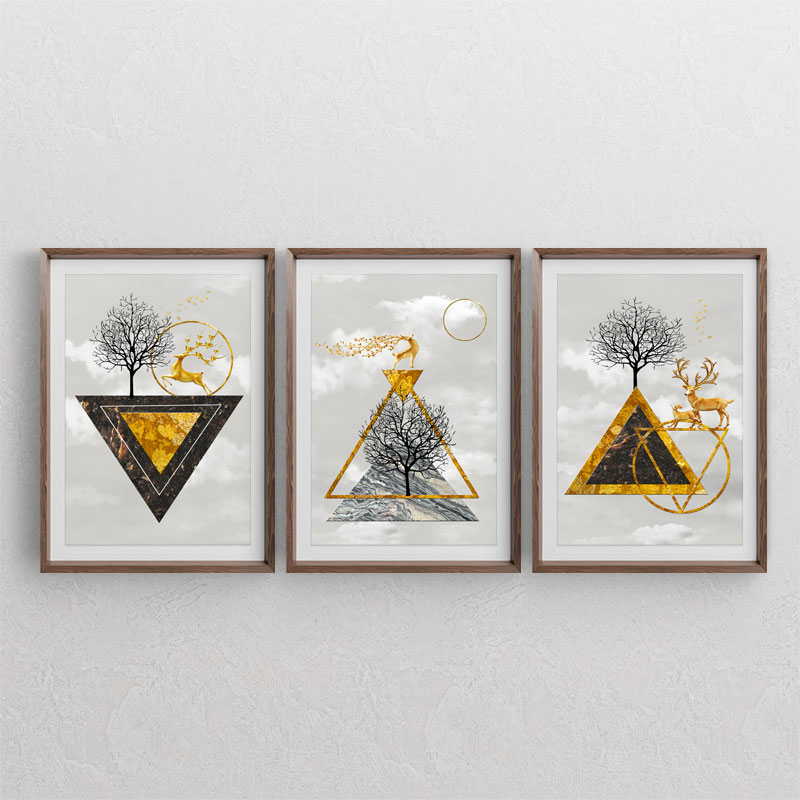 ست سه تابلوی دکوراتیو با طرح های مثلثی طلایی ، گوزن و درخت
