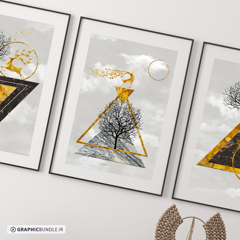 ست سه تابلوی دکوراتیو با طرح های مثلثی طلایی ، گوزن و درخت
