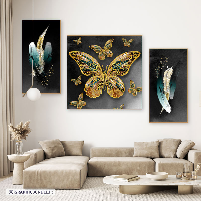 ست سه تابلوی دکوراتیو با طرح های پروانه های طلایی و تابلوهای پرهای رنگی با بکگراند سیاه