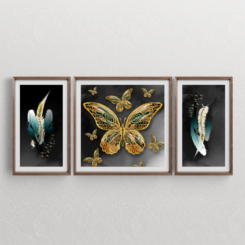 ست سه تابلوی دکوراتیو با طرح های پروانه های طلایی و تابلوهای پرهای رنگی با بکگراند سیاه