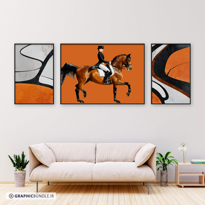 ست سه تابلوی دکوراتیو با طرح های آبسترکت نارنجی و تابلوی اسب سوارکار زن