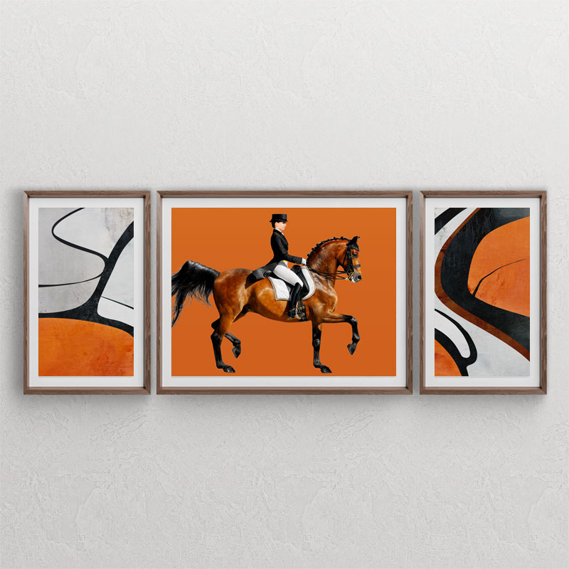 ست سه تابلوی دکوراتیو با طرح های آبسترکت نارنجی و تابلوی اسب سوارکار زن