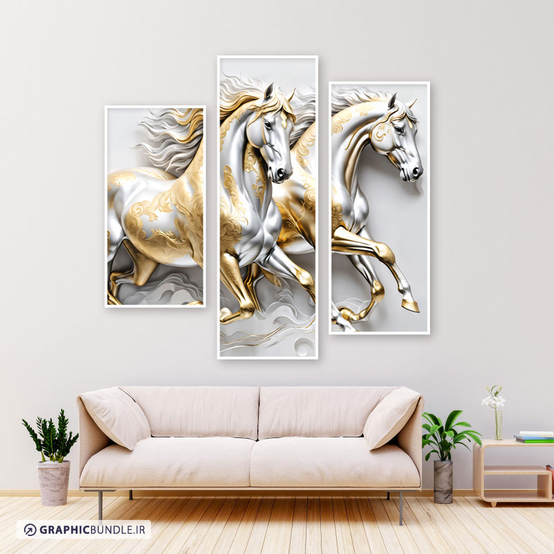 ست سه تابلوی دکوراتیو لوکس (ست سه تکه) با طرح اسب های سفید با افکت های طلایی