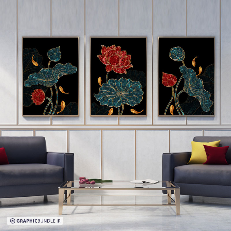 ست سه تابلوی دکوراتیو با طرح گلهای نیلوفر آبی با گلهای قرمز و ماهی های طلایی و بکگراند سیاه
