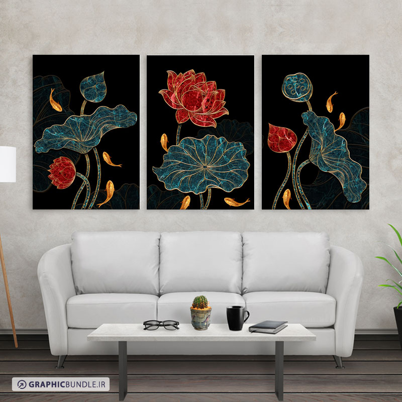 ست سه تابلوی دکوراتیو با طرح گلهای نیلوفر آبی با گلهای قرمز و ماهی های طلایی و بکگراند سیاه