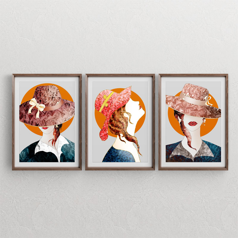 ست سه تابلوی دکوراتیو با طرح دختران جوان با کلاه با سبک شیشه ای لوکس