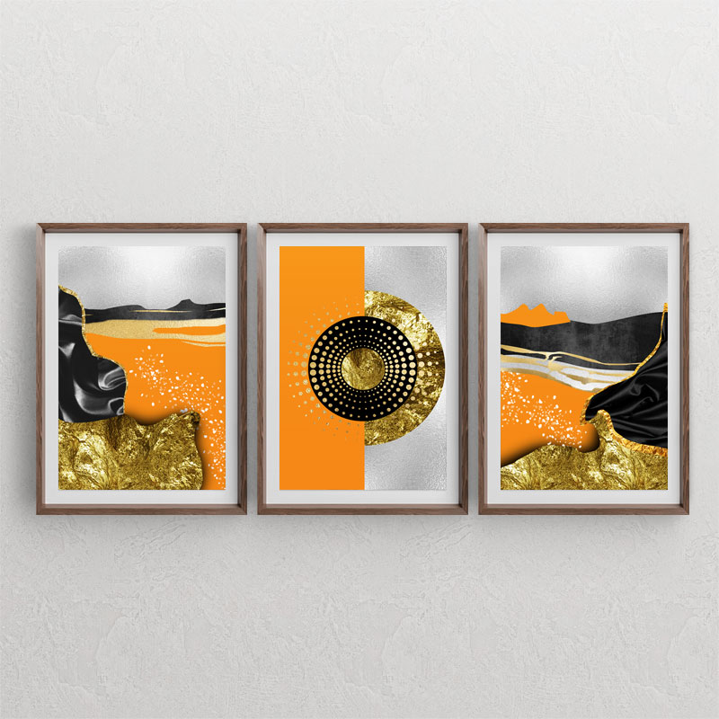 ست سه تابلوی دکوراتیو لوکس با طرح های نارنجی و طلایی و المان دایره ای