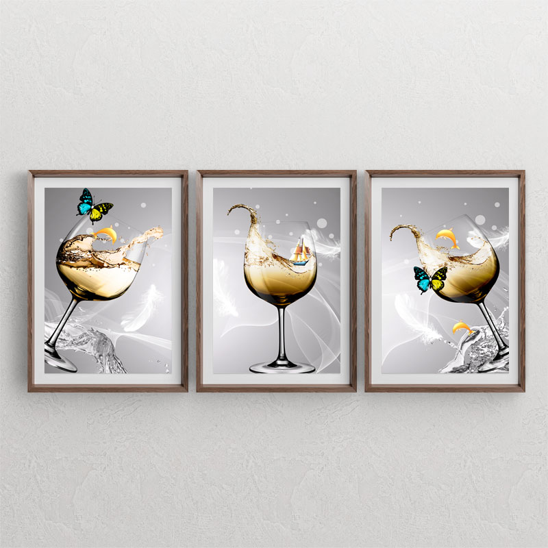 ست سه تابلوی دکوراتیو با طرح جام های شیشه ای ، نوشیدنی و پروانه