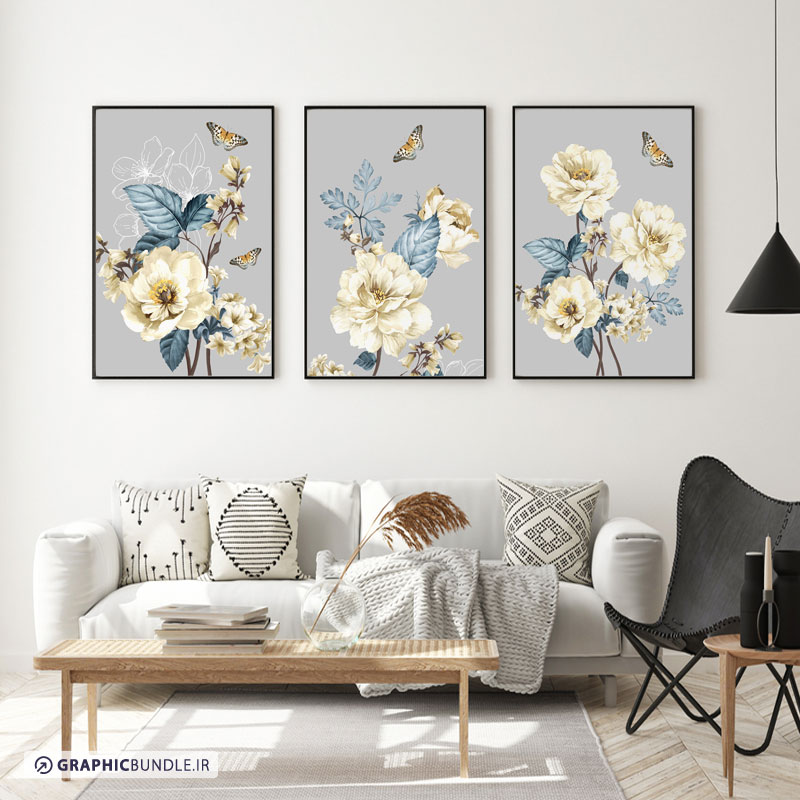 ست سه تابلوی گرافیکی نقاشی دیجیتال با طرح گلهای زیبا ، برگ و پروانه