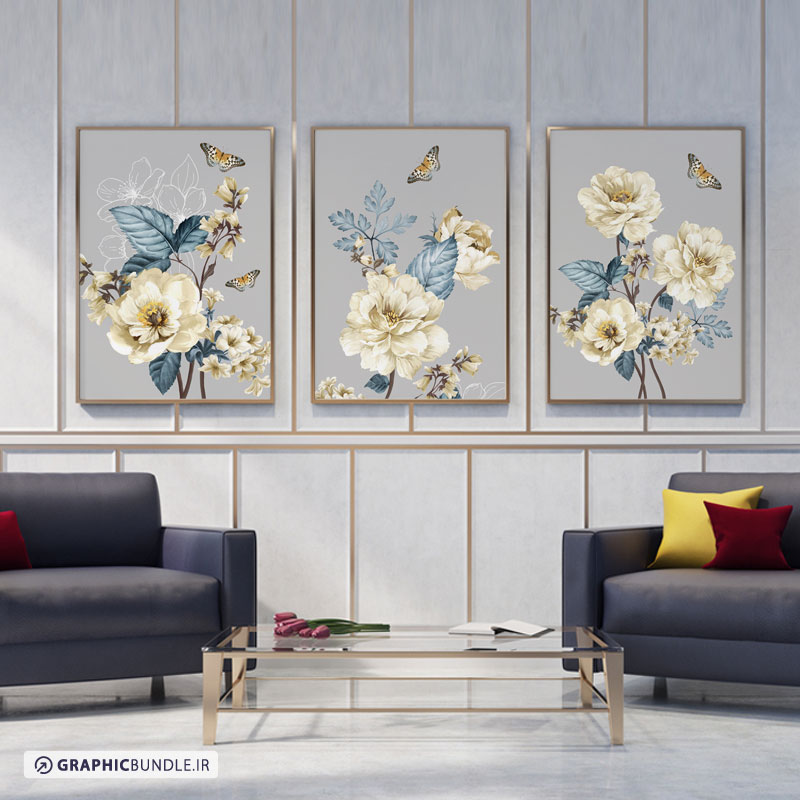 ست سه تابلوی گرافیکی نقاشی دیجیتال با طرح گلهای زیبا ، برگ و پروانه