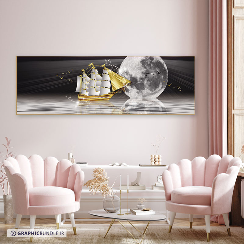 تابلوی دکوراتیو با طرح دریا ، ماه بزرگ و کشتی بادبانی طلایی